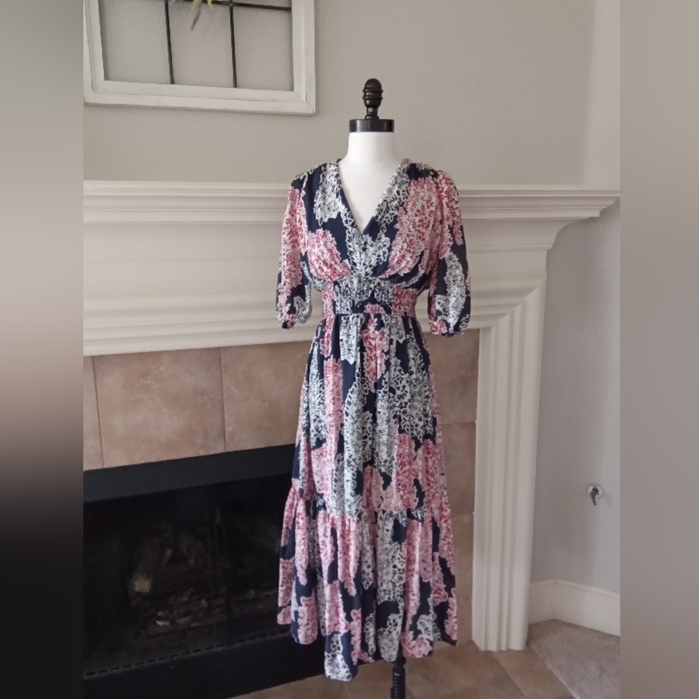 Pink and White Puff Sleeve Maxi Sundress